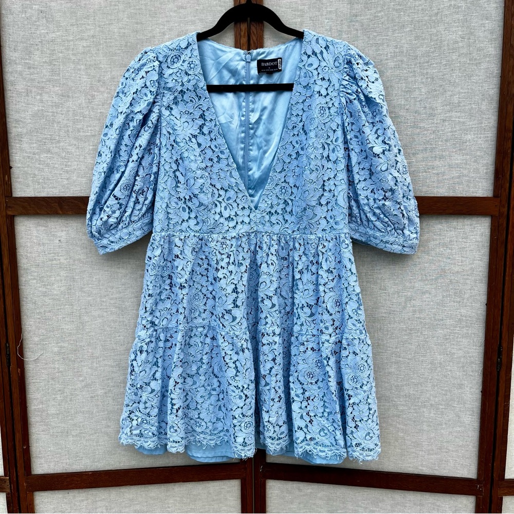Bardot Light Blue Lace Mini Babydoll Deep-V Neckline Party Dress - Size 10 - Picture 5 of 16